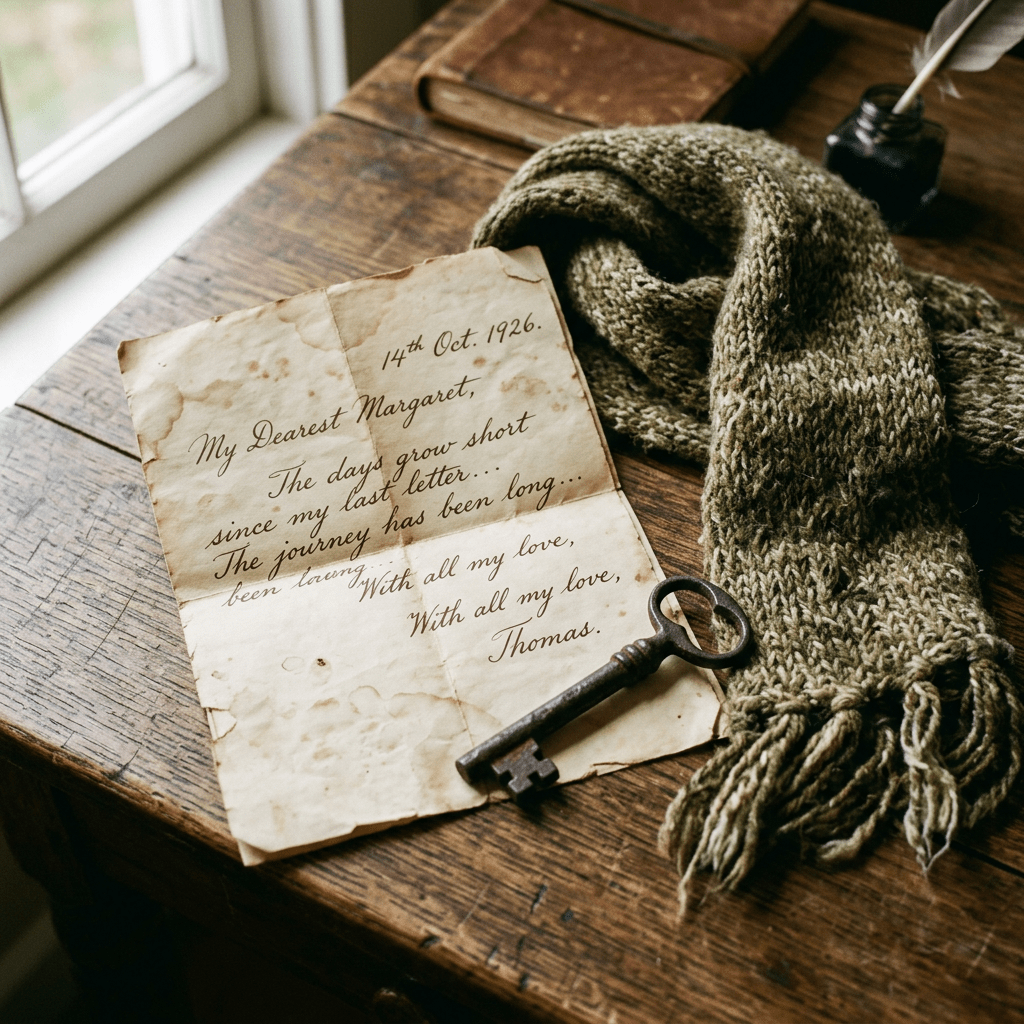 A handwritten letter dated 14th Oct. 1926 with a vintage key and green knitted scarf on a wooden table