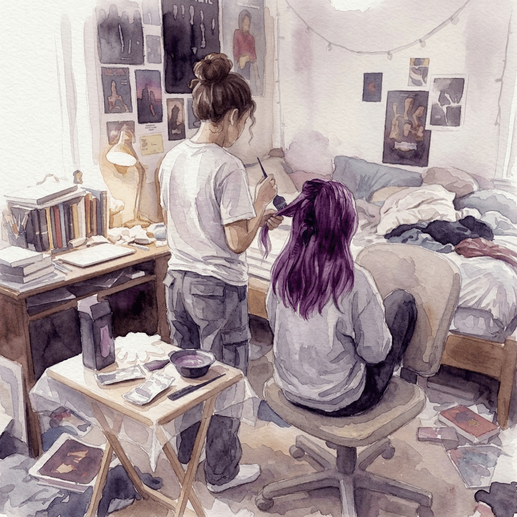 Person applying purple hair dye to another person's hair in a cozy, cluttered bedroom.