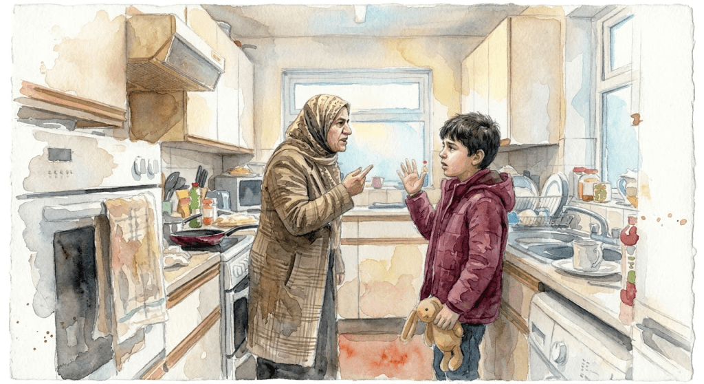 Mother and daughter having a heated discussion in a small kitchen