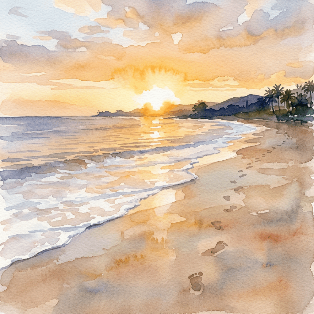Beach shoreline at sunset with footprints in the sand and gentle waves