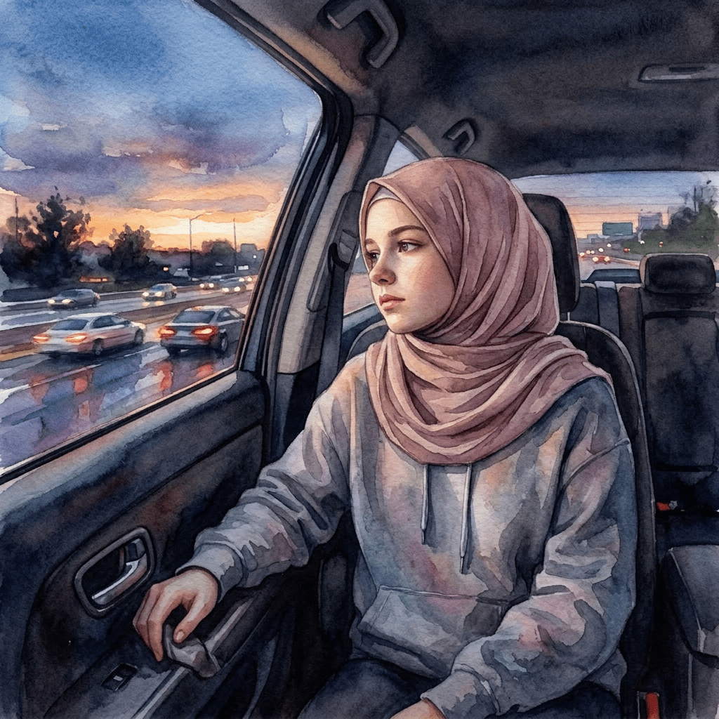 Young woman in hoodie looking out car window at sunset traffic.