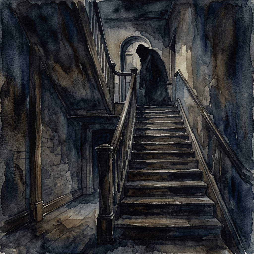 Dark cloaked figure climbing old wooden staircase in shadowy interior