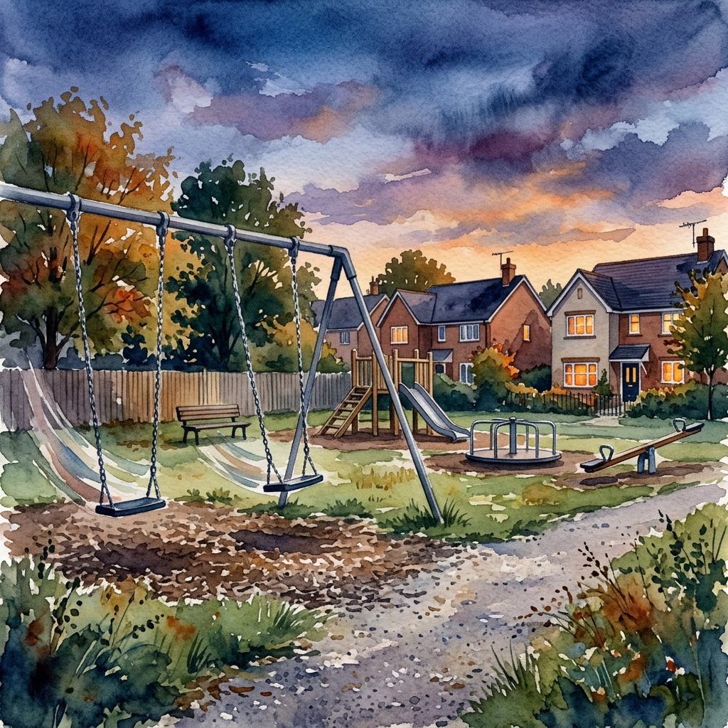 Empty playground with swings, slide, and seesaw in a neighborhood at dusk