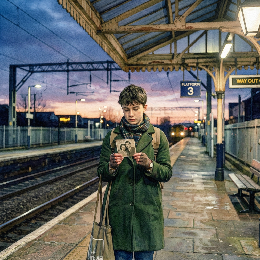 Young woman standing on train platform holding a vintage black and white photo