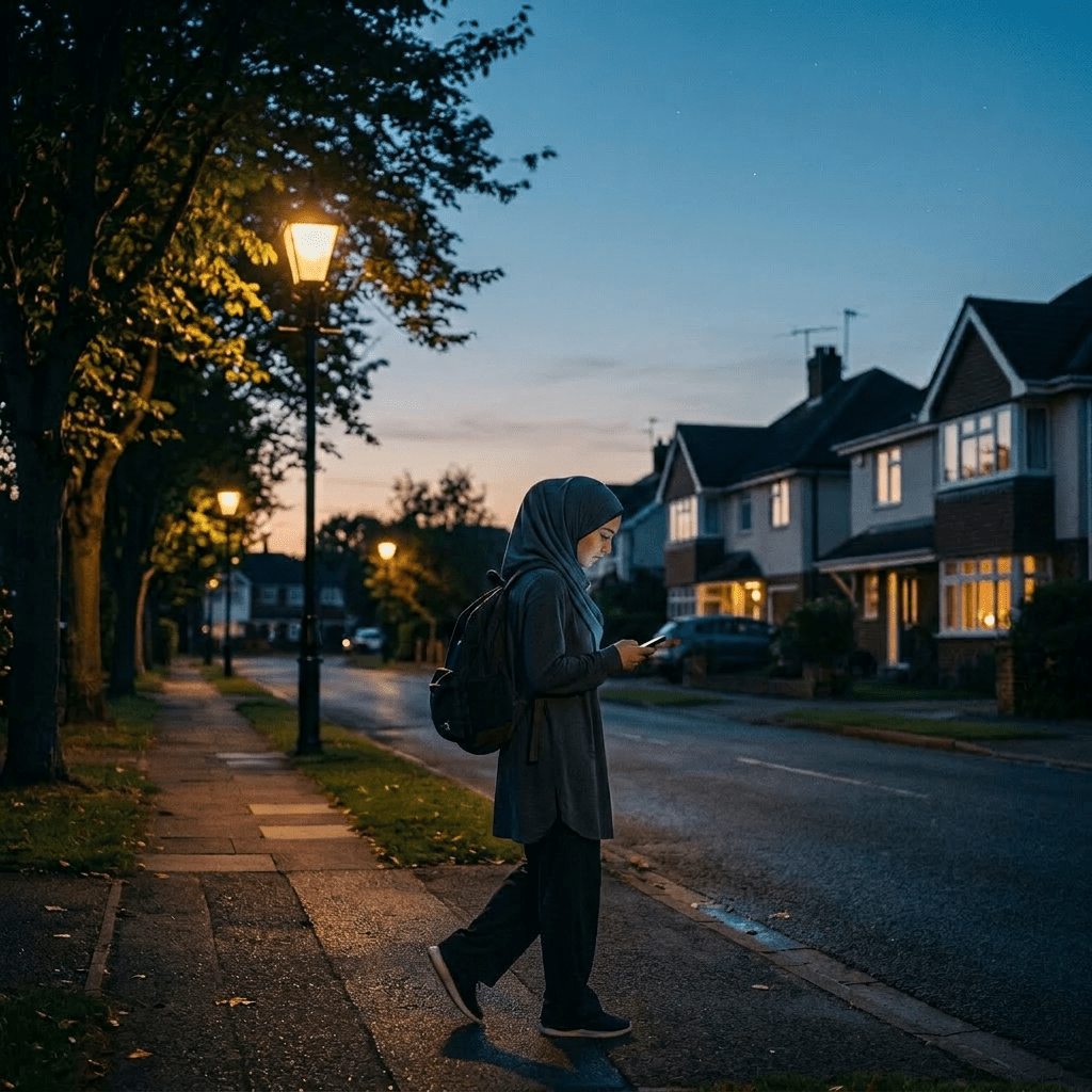 Woman walking on suburban sidewalk at dusk looking at smartphone